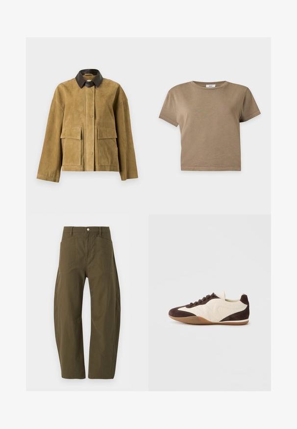 Veste en daim marron clair avec col en cuir marron foncé, manches longues, fermeture à boutons-pression à l'avant et deux grandes poches avant à rabat.; T-shirt court marron uni à manches courtes avec col rond sur fond gris clair.; Pantalon taille haute vert olive à jambes larges, avec poches avant, passants pour ceinture et fermeture par bouton à la taille.; Baskets marron et crème présentant un mélange de matériaux texturés et lisses, profil bas, design à lacets, et semelle en caoutchouc.