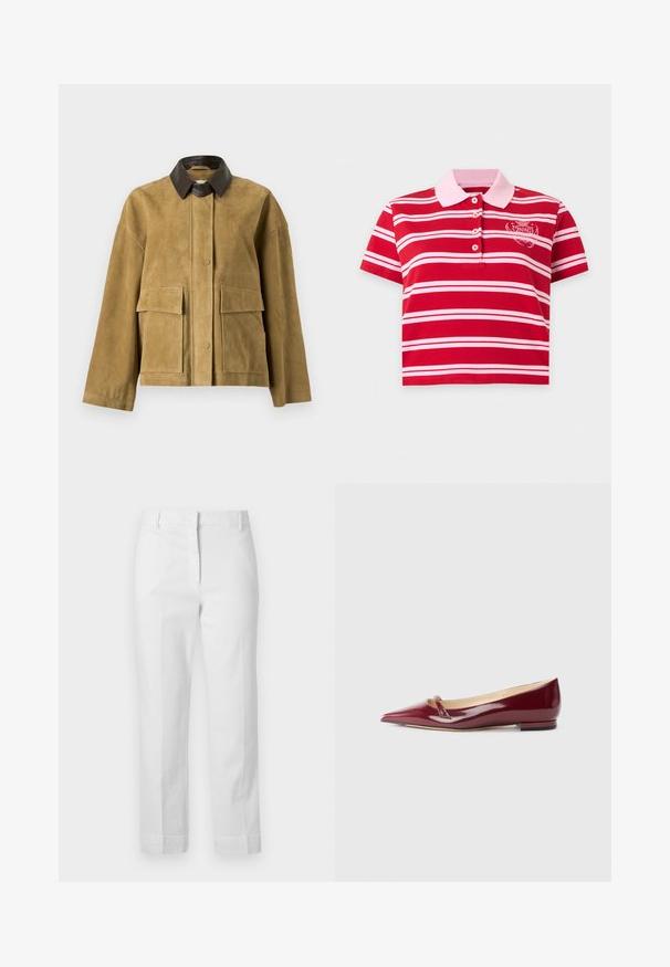 Veste en daim marron clair avec col en cuir marron foncé, manches longues, fermeture à boutons-pression à l'avant et deux grandes poches avant à rabat.; Polo à manches courtes rayé rouge et rose avec un col rose et un logo blanc "Zadig" sur la poitrine gauche.; Pantalon blanc taille haute à jambes droites avec passants de ceinture, fermeture éclair avant et poches latérales, présenté sur un fond uni.; Ballerines en cuir verni bordeaux avec un bout pointu, présentant un petit détail découpé et un petit talon. Texture lisse et design épuré.
