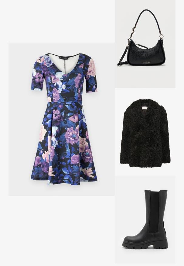 Gestuz SHILLY - Klassischer Mantel - black; Blumenkleid mit V-Ausschnitt und kurzen Ärmeln; hat einen schwarzen Hintergrund mit großen lila und rosa Blumen, aus weichem Stoff, ausgestellter Rock.; ONLY SHOES ONLDOJA - Plateaustiefel - black; Schwarze strukturierte Lederhandtasche von Steve Madden mit gebogenem Reißverschluss oben, kurzem unregelmäßigem Metall- und Ledergriff sowie abnehmbarem Schulterriemen.