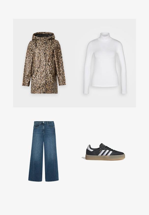 Impermeable de estampado de leopardo con capucha, que presenta un cierre de botones y bolsillos laterales. En un fondo blanco liso.; Camisa de cuello alto de manga larga blanca, fabricada en un tejido suave y elástico. Presenta un ajuste ceñido y un collar alto. Sin patrones ni acentos visibles.; Jeans de pierna ancha en denim azul oscuro con costuras blancas en contraste, diseño de cinco bolsillos y cierre de botón en la cintura.; Zapatilla deportiva de cuero negro con tres rayas plateadas, punta texturizada y suela de goma. Cuenta con un collar acolchado y un diseño con cordones.