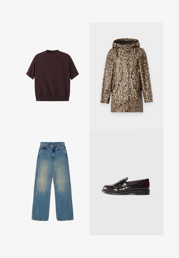Regnfrakke med leopardmønster og hætte, med knaplukning og sidelommer. Sat mod en ensfarvet hvid baggrund.; Kortærmet sweater i mørk burgundy strik. Har en ribbet rund hals og en afslappet pasform, med raglanærmer og en glat tekstur.; Dr.Denim ECHO HIGH STRAIGHT - Jeans Straight Leg - stray sky peach; Bordeaux læder loafers med en glat overflade, en hævet sømdetalje og en gummisål. Designet med en rund tå og minimal hardware.