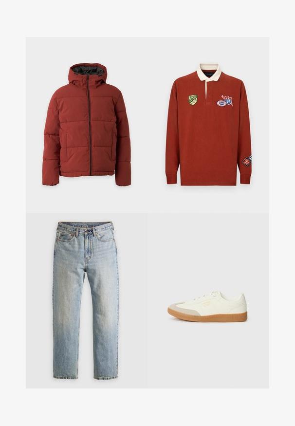 Veste matelassée pour homme de couleur rouille avec fermeture éclair frontale, capuche attachée et deux poches latérales sur un fond uni clair.; Chemise de style rugby couleur orange rouille avec manches longues, col crème et plusieurs patches de différentes couleurs et motifs sur le devant.; Jean en denim bleu clair à taille haute, avec bouton avant, fermeture éclair et design à cinq poches, posé à plat sur un fond neutre.; Baskets en cuir blanc avec une coque beige et une semelle en caoutchouc marron clair. Dotées de lacets blancs plats et d'un logo embossé sur le côté.