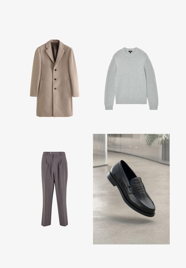 Beige uld blandingsfrakke med slagkrave, tre sorte knapper og to sidelommer. Glat tekstur, skræddersyet pasform og knælangt design.; Lysegrå strikket langærmet sweater med ribbet rund hals, manchetter og kant, med tekstureret strikkedetalje langs ærmerne.; Grå plisserede bukser lavet af glat stof, med lige ben-design, en enkelt knaplukning og skrå sidelommer.; Sort lædersko med glat tekstur, spids tå og en dekorativ rem over vristen. Letvægts sål, minimalistisk design.