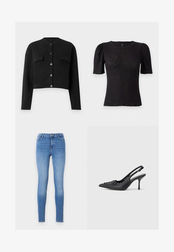 Chaqueta negra corta hecha de tela suave, con cuello redondo, dos bolsillos en el pecho y seis botones frontales para el cierre.; Top negro acanalado con mangas cortas abullonadas, escote redondeado, tejido texturizado y borde festoneado en las aberturas de las mangas.; Jeans ajustados en denim azul claro, con una cintura de media altura, diseño de cinco bolsillos y costuras tonales con una textura suave.; Sandal de tacón stiletto negro de cuero con punta afilada, correa lateral con hebilla, tachuelas a lo largo del borde y cordones decorativos en la parte delantera.
