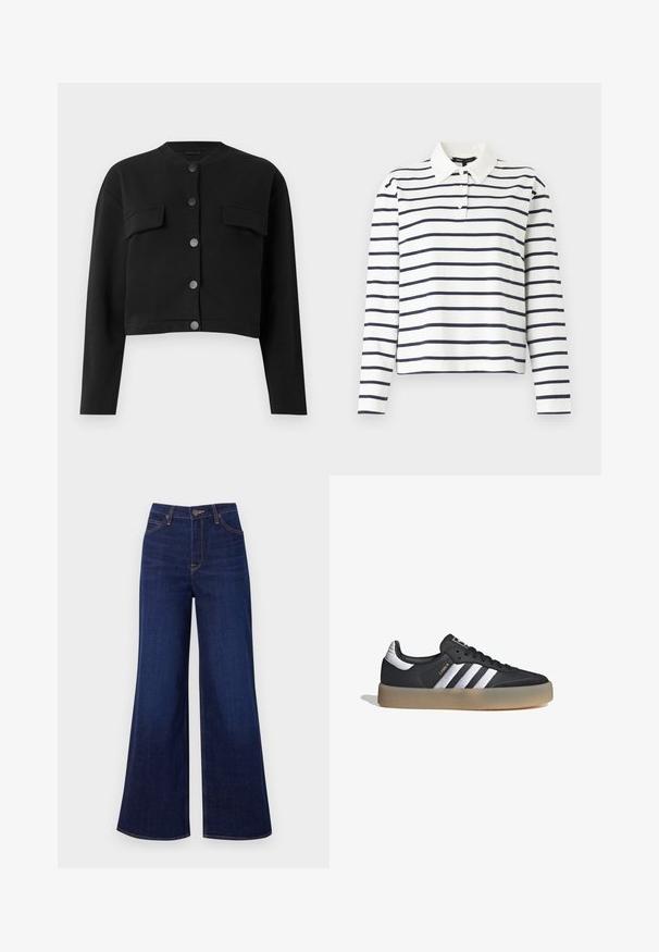 Chaqueta negra corta hecha de tela suave, con cuello redondo, dos bolsillos en el pecho y seis botones frontales para el cierre.; Camisa polo de manga larga en blanco con rayas horizontales en navy, con un cuello tipo polo y tapeta de tres botones. Material de algodón.; Jeans de pierna ancha de un azul oscuro, hechos de denim, con una cintura alta, diseño de cinco bolsillos y costuras naranjas contrastantes a lo largo de las costuras.; Zapatilla deportiva de cuero negro con tres rayas plateadas, punta texturizada y suela de goma. Cuenta con un collar acolchado y un diseño con cordones.