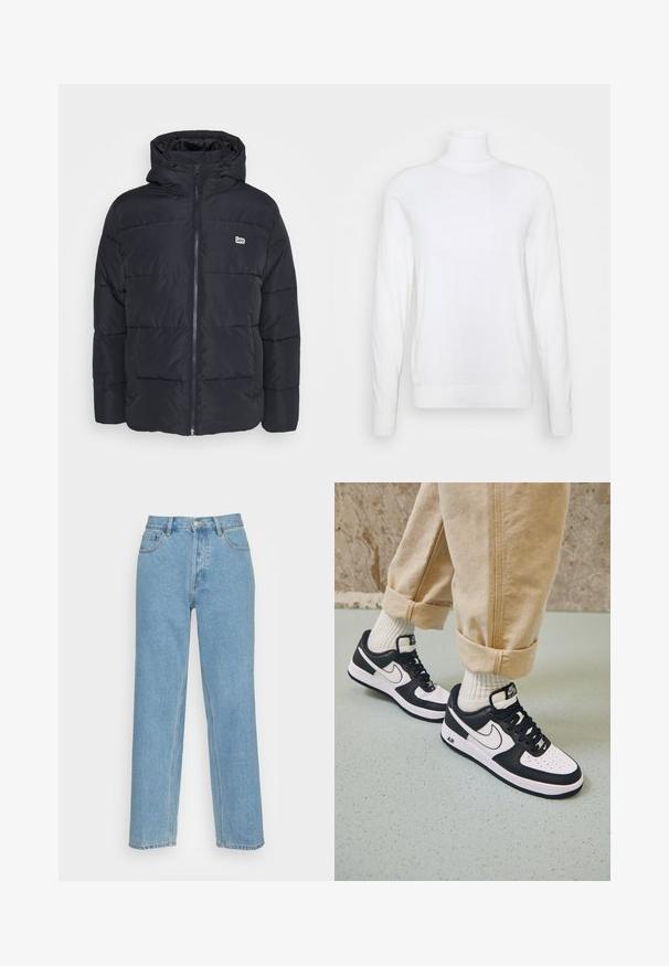 Čierna bundu s kapucňou vyrobená z plastového materiálu. Obsahuje predný zips, horizontálne stehy a malé logo na hrudi.; Biely rolák s dlhými rukávmi, vyrobený z hladkej tkaniny. Má priliehavý strih a rebrované manžety a lem. Bez vzorov a akcentov.; Svetlomodré rovné džínsy vyrobené z denimu, s klasickým dizajnom s piatimi vreckami, predným zapínaním na gombík a viditeľnými švy.; Čierno-biele tenisky Nike Air Force 1 s koženým zvrškom, perforovanou špičkou a textúrovanou podrážkou, kombinované s ohrnutými béžovými nohavicami a bielymi ponožkami.