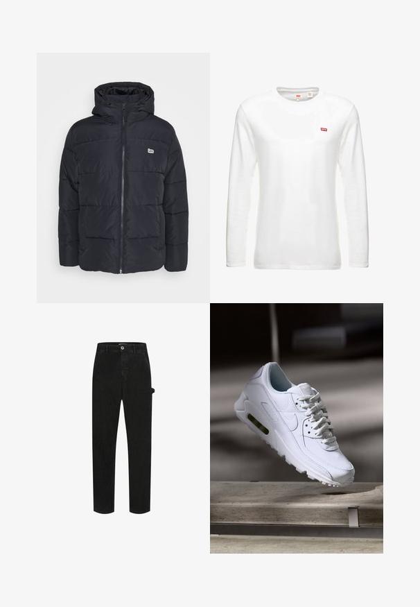 Chaqueta acolchada negra con capucha, hecha de material sintético. Presenta un cierre frontal, costuras horizontales y un pequeño logo en el pecho.; Camiseta de manga larga blanca hecha de algodón, con un escote redondo y un pequeño logo rojo de Levi's en el pecho. Diseño simple y clásico.; Pantalones de mezclilla negros con diseño de cinco bolsillos, corte recto, cierre de botón y bolsillo lateral de utilidad con costuras tonalidades.; Zapatilla blanca de piel con superficies texturizadas, cuello acolchado y amortiguación de aire visible en la suela. Presenta cordones y un diseño minimalista.