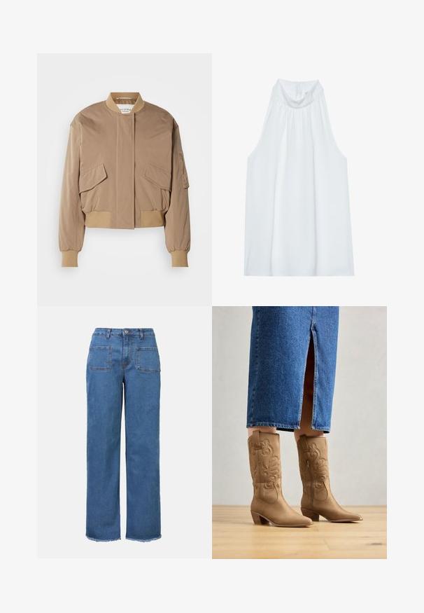 Beige bomberjack met geribbelde manchetten en zoom, voorzien van twee klepzakken aan de voorkant en een zijritszak. Effengekleurde, licht glanzende stof.; Witte mouwloze top met een hoge hals, gemaakt van zachte stof, met geplooide details bij de halslijn en een verborgen ritssluiting aan de achterkant.; Hoge taille wijdvallende jeans van blauwe denim, met een knoopsluiting, twee achterzakken en een onafgewerkt zoomdetail bij de enkel.; Tan leren westernlaarzen met decoratieve stiksels, een spitse neus en een gestapelde hak. Draag met een spijkerrok tot de knie, waardoor de laarzen zichtbaar zijn.