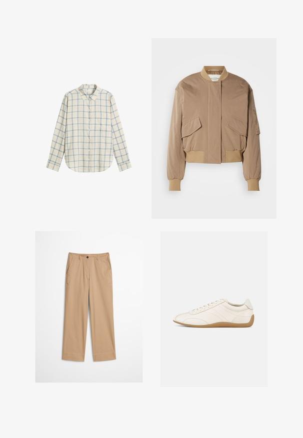 Beige bomberjack met geribbelde manchetten en zoom, voorzien van twee klepzakken aan de voorkant en een zijritszak. Effengekleurde, licht glanzende stof.; Overhemd met knopen in een lichtbeige en blauwe ruitpatroon, gemaakt van zachte stof, met een kraag en lange mouwen.; Beige katoenen broek met rechte pijpen, een knoopsluiting aan de voorkant en een gladde textuur. Voorzien van standaard riemlussen en een platte voorkant.; Witte leren sneaker met een gladde textuur, ronde neus en tonale stiksels. Voorzien van een tankleurige rubberen zool en vetersluiting.