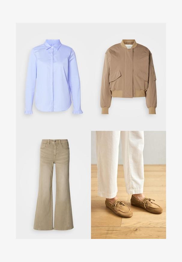 Veste bombardier beige avec poignets et ourlet côtelés, dotée de deux poches avant à rabat et d'une poche zippée latérale. Tissu lisse et légèrement brillant.; Chemise bleu clair à boutons en tissu lisse, avec un col classique et des détails froncés sur les poignets.; Jean large beige en denim coton durable, avec une fermeture à boutons, un design à cinq poches et des détails de couture subtils le long des coutures.; Bateaux en daim marron avec lacets, présentant un bout arrondi et des accents cousus. Portés avec un pantalon en velours côtelé blanc dans un environnement en bois.