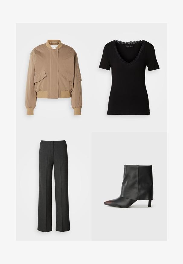 Beige bomber-takki, jossa resorit hihansuissa ja helmassa, kaksi etutaskua läpällä sekä sivussa vetoketjullinen tasku. Sileä, hieman kiiltävä kangas.; Mustat lyhythihaiset T-paidat V-pääkohdalla, jossa on aaltoileva pitsireuna kaula-aukolla, valmistettu pehmeästä puuvillamateriaalista.; Sukset leveät tummanharmaat housut, valmistettu teksturoidusta kankaasta. Sisältää muotoiltua vyötäröä ja hienovaraisen raitakuosin.; Musta nilkkurit sileästä nahasta, joissa on kärkikärki ja kapeat korot. Päällinen on hieman poimutettu.