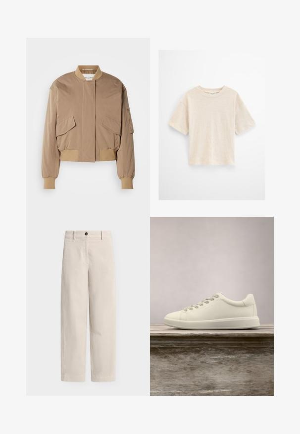 Beige bomberjack met geribbelde manchetten en zoom, voorzien van twee klepzakken aan de voorkant en een zijritszak. Effengekleurde, licht glanzende stof.; Roomkleurig T-shirt met korte mouwen en ronde hals, met een ontspannen pasvorm en subtiele textuur, tegen een effen lichte achtergrond.; Beige recht uitgesneden broek met riemlussen, een knoopsluiting en zijzakken, weergegeven tegen een effen lichte achtergrond.; Witte leren sneakers met lage schacht, vetersluiting en een platte rubberen zool, weergegeven vanaf de zijkant op een effen achtergrond.