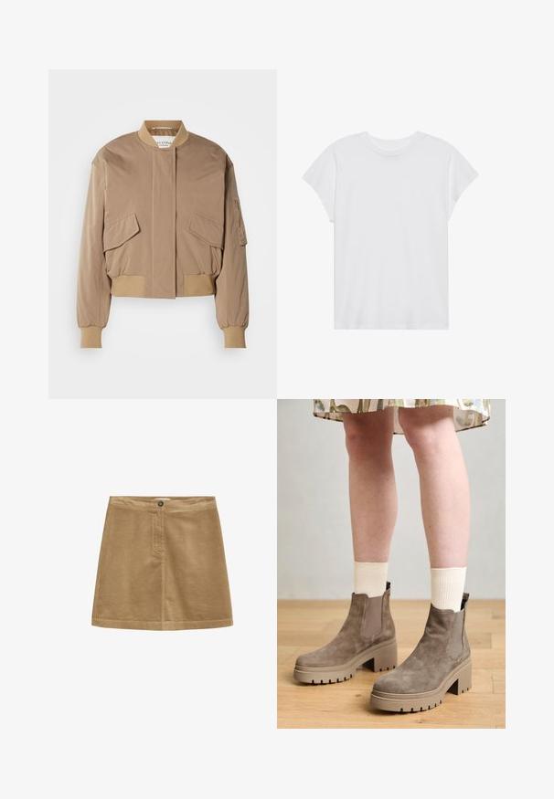Beige bomberjakke med ribstrikkede manchetter og kant, med to frontlommer med klap og en sidelomme med lynlås. Glat, let blankt stof.; Hvid kortærmet t-shirt med rund hals, afslappet pasform, lavet af blødt bomuldsstof. Glat tekstur, ingen mønstre eller logoer.; Brun fløjl mini nederdel med knaplukning, der har en vertikal ribbet tekstur og et enkelt design. Kanten er lige og velafgrænset.; Tamaris Plateaustøvletter - taupe
