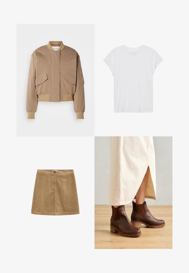 Beige bomberjakke med ribstrikkede manchetter og kant, med to frontlommer med klap og en sidelomme med lynlås. Glat, let blankt stof.; Hvid kortærmet t-shirt med rund hals, afslappet pasform, lavet af blødt bomuldsstof. Glat tekstur, ingen mønstre eller logoer.; Brun fløjl mini nederdel med knaplukning, der har en vertikal ribbet tekstur og et enkelt design. Kanten er lige og velafgrænset.; Brune ankelstøvler med en kraftig hæl, lavet af glat læder med elastiske sidepaneler og en tekstureret gummisål, parret med en beige nederdel.