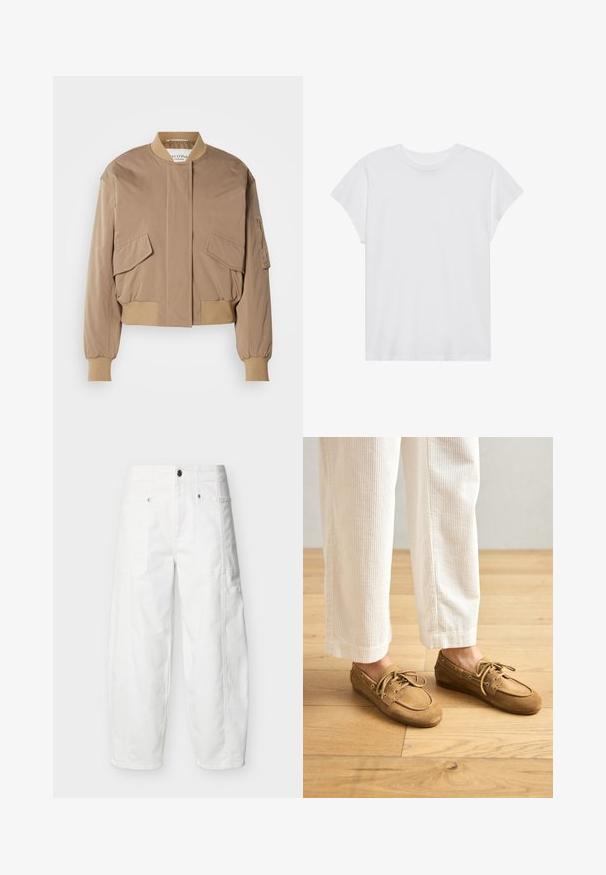 Beige bomberjakke med ribstrikkede manchetter og kant, med to frontlommer med klap og en sidelomme med lynlås. Glat, let blankt stof.; Hvid kortærmet t-shirt med rund hals, afslappet pasform, lavet af blødt bomuldsstof. Glat tekstur, ingen mønstre eller logoer.; Hvide bukser med vidde ben, frontlommer med påsyet lommer, knaplukning og synlige sømdetaljer, vist på en ensfarvet baggrund.; Brune ruskinds bådsko med snørebånd, der har en rund tå og syede detaljer. Båret med hvide kordfløjl-bukser i en træagtig indstilling.
