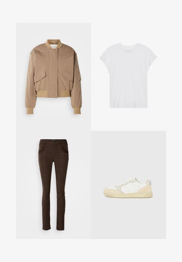 Beige Bomberjacke mit gerippten Bündchen und Saum, ausgestattet mit zwei vorderen Klappentaschen und einer seitlichen Reißverschlusstasche. Glattes, leicht glänzendes Gewebe.; Weißes kurzärmliges T-Shirt mit Rundhalsausschnitt, lockerer Passform, aus weichem Baumwollstoff. Glatte Textur, keine Muster oder Logos.; Braune, schlank geschnittene Stoffhosen aus Baumwollmischgewebe. Verfügt über eine dekorative Steppnaht an den Fronttaschen, einen Knopfverschluss und eine glatte Textur.; Weißer und beiger Sneaker mit Obermaterial aus Wildleder und Textil, kontrastierenden Nähten, einer Gummisohle und einem hellblauen Akzent an der Ferse.