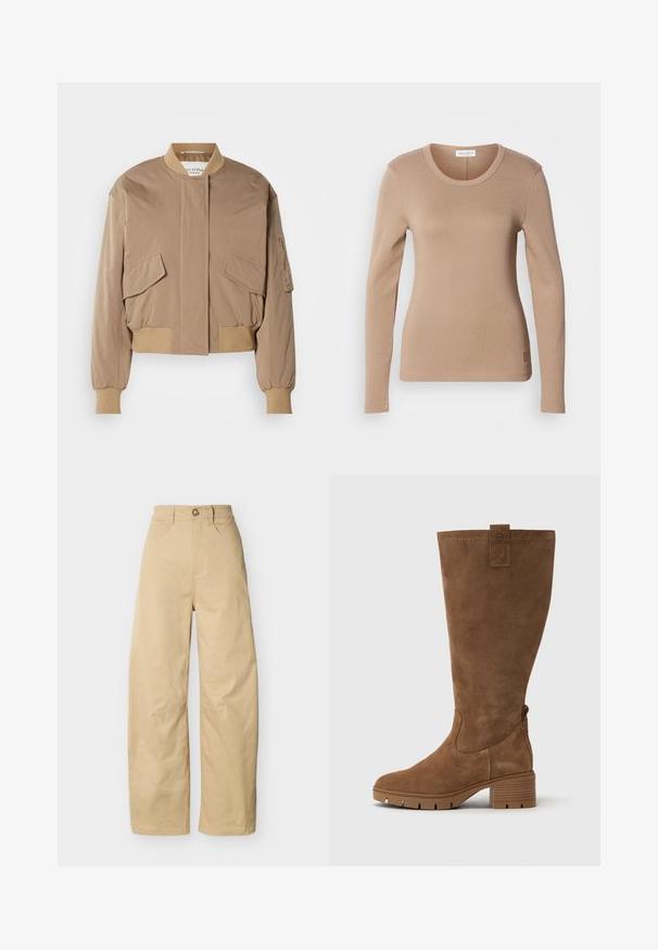 Beige bomberjack met geribbelde manchetten en zoom, voorzien van twee klepzakken aan de voorkant en een zijritszak. Effengekleurde, licht glanzende stof.; Langwerpige top in lichtbeige, met een ronde halslijn en een slim fit. Gemaakt van zachte, rekbare stof met een subtiele textuur. Klein logo-detail op de zoom.; Beige wijde broek met hoge taille, knoop- en ritssluiting, voorzakken en rechte zoom, weergegeven op een effen achtergrond.; Tamaris Laarzen - brown