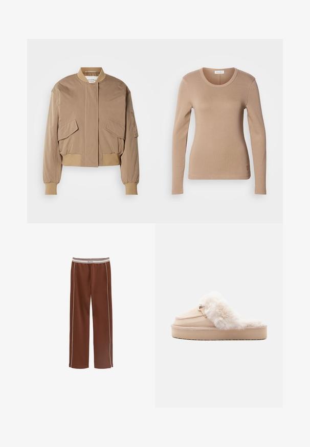 Veste bombardier beige avec poignets et ourlet côtelés, dotée de deux poches avant à rabat et d'une poche zippée latérale. Tissu lisse et légèrement brillant.; Haut à manches longues en beige clair, avec un col rond et une coupe slim. Fabriqué en tissu doux et extensible avec une texture subtile. Détail du logo sur l'ourlet.; Pantalon marron à jambes larges avec passepoil blanc sur les côtés et taille élastique blanche comportant des rayures beiges et un marquage "Marc O'Polo".; Chausson beige avec doublure en fausse fourrure, un bout arrondi, des coutures décoratives et une semelle texturée pour une meilleure adhérence. Présente un accent doré.