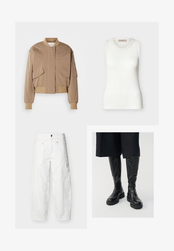 Beige bomberjakke med ribstrikkede manchetter og kant, med to frontlommer med klap og en sidelomme med lynlås. Glat, let blankt stof.; Hvid ribbet ærmeløs tanktop med rund halsudskæring og diskret "Mos Mosh"-logo på brystet.; Hvide bukser med vidde ben, frontlommer med påsyet lommer, knaplukning og synlige sømdetaljer, vist på en ensfarvet baggrund.; Sorte læder knæhøje støvler med en glat tekstur, kraftige såler og side-lynlåse. Designet har diskrete sømdetaljer.