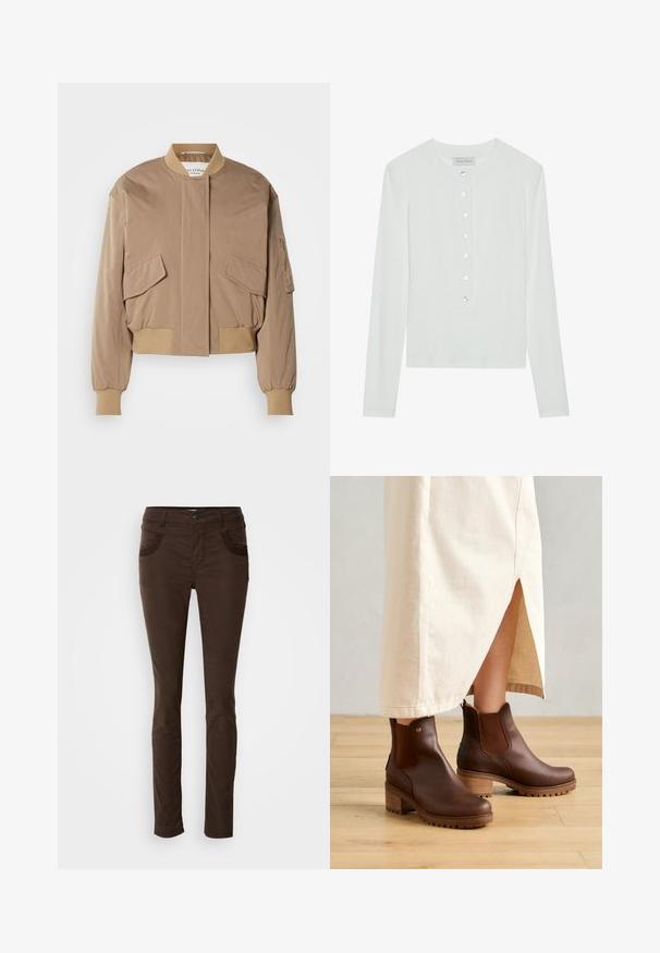 Beige Bomberjacke mit gerippten Bündchen und Saum, ausgestattet mit zwei vorderen Klappentaschen und einer seitlichen Reißverschlusstasche. Glattes, leicht glänzendes Gewebe.; Weißes Langarmoberteil aus geripptem Stoff, mit einem runden Ausschnitt und einer Knopfleiste mit sechs transparenten Knöpfen.; Braune, schlank geschnittene Stoffhosen aus Baumwollmischgewebe. Verfügt über eine dekorative Steppnaht an den Fronttaschen, einen Knopfverschluss und eine glatte Textur.; Braune Knöchelstiefel mit einem dicken Absatz, aus glattem Leder mit elastischen Seitenpaneelen und einer strukturierten Gummisohle, kombiniert mit einem beigen Rock.