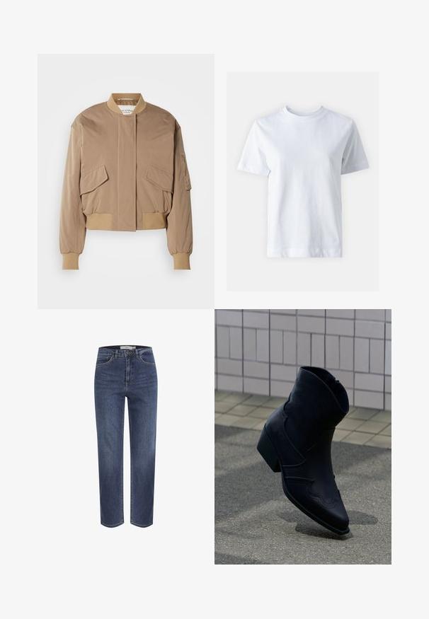 Beige bomberjakke med ribstrikkede manchetter og kant, med to frontlommer med klap og en sidelomme med lynlås. Glat, let blankt stof.; Hvid bomulds t-shirt med rund halsudskæring, korte ærmer, lige snit og glat tekstur. Ingen mønstre eller dekorationer.; Blå jeans med lige ben, forlommer, bæltestropper og knaplukning, vist mod en hvid baggrund.; Sort læderankelstøvle med lav hæl, dekorative syninger og spids tå, placeret opret på en brolagt overflade ved siden af en flisebelagt væg.
