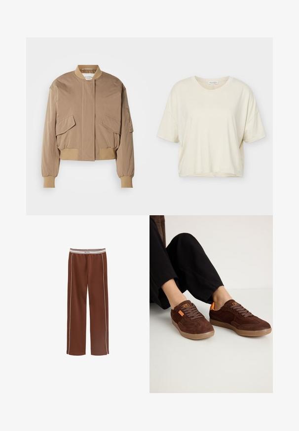 Beige bomberjack met geribbelde manchetten en zoom, voorzien van twee klepzakken aan de voorkant en een zijritszak. Effengekleurde, licht glanzende stof.; Loszittend crèmekleurig T-shirt met korte mouwen en ronde hals, gemaakt van zachte stof, gepresenteerd tegen een witte achtergrond.; Bruine broek met wijde pijpen, witte biezen aan de zijkant en een witte elastische tailleband met beige strepen en "Marc O'Polo"-logo.; Bruine suède sneakers met een ronde neus, textuur bovenkant en oranje accenten. Voorzien van platte veters en een rubberen zool.