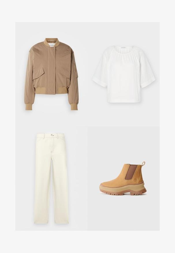 Beige bomberjakke med ribstrikkede manchetter og kant, med to frontlommer med klap og en sidelomme med lynlås. Glat, let blankt stof.; Hvid løs bluse med rund halsudskæring, samlet stof ved kraven og brede halvlange ærmer med vandret stingdetalje.; Off-white bukser med lige ben, forlommer, knaplukning og bæltestropper, vist mod en ensartet lys baggrund.; Brune læder ankelstøvle med elastiske sidepaneler, afrundet tå og tyk gummisål med dyb profil; har en trækstrop bag på hælen.