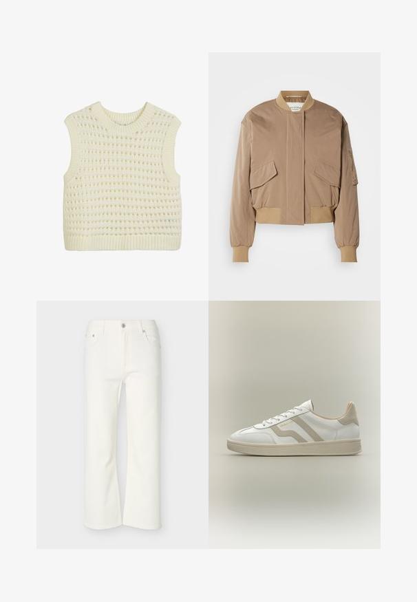 Beige bomberjakke med ribstrikkede manchetter og kant, med to frontlommer med klap og en sidelomme med lynlås. Glat, let blankt stof.; Ærmeløs strikket tanktop i creme, med et struktureret åbent vævemønster samt ribbede kanter ved hals og bund.; Hvide cropped flare-jeans med frontknap og lynlås, bæltestropper samt lommer foran og bagpå, vist på en ensfarvet baggrund.; Hvid lavtop sneaker med beige accenter, snørebånd og tekstureret sål, med mærkenavnet "GANT" på siden.