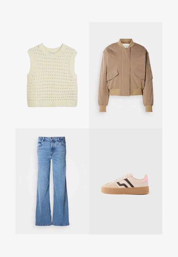 Beige Bomberjacke mit gerippten Bündchen und Saum, ausgestattet mit zwei vorderen Klappentaschen und einer seitlichen Reißverschlusstasche. Glattes, leicht glänzendes Gewebe.; Ärmelloses Strick-Top in Creme mit einem strukturierten offenen Webmuster sowie geripptem Hals- und Saumabschluss.; Hellblaue Jeans mit weitem Bein aus Denim. Mit klassischem Fünf-Taschen-Design und sichtbarem Knopfverschluss. Weiche Textur und schlichter Abschluss.; Beige Sneaker mit braunen Streifen, pinkfarbenem Fersenakzent, Wildleder-Zehenschutz und einer Gummisohle. Verfügt über eine Schnürverschluss und ein rundes Design.