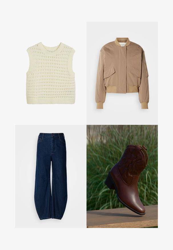 Beige Bomberjacke mit gerippten Bündchen und Saum, ausgestattet mit zwei vorderen Klappentaschen und einer seitlichen Reißverschlusstasche. Glattes, leicht glänzendes Gewebe.; Ärmelloses Strick-Top in Creme mit einem strukturierten offenen Webmuster sowie geripptem Hals- und Saumabschluss.; Dunkelblaue Jeans mit weitem Bein und hoher Taille, Knopfverschluss und zwei vorderen Taschen. Sie verfügt über eine glatte Textur und sichtbare Nähte.; Brauner Cowboystiefel aus Leder mit dekorativer Naht, schräg nach oben auf einer Holzoberfläche mit unscharfem grünem Gras im Hintergrund.