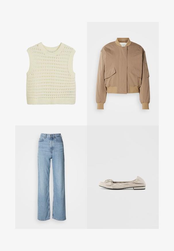 Beige Bomberjacke mit gerippten Bündchen und Saum, ausgestattet mit zwei vorderen Klappentaschen und einer seitlichen Reißverschlusstasche. Glattes, leicht glänzendes Gewebe.; Ärmelloses Strick-Top in Creme mit einem strukturierten offenen Webmuster sowie geripptem Hals- und Saumabschluss.; Hellblaue hochgeschnittene Jeans mit geradem Bein, aus Denim gefertigt, mit einem Frontknopfverschluss und dezenten Verblassungen.; Beiger Wildleder-Ballerina mit kleinem Absatz, verfügt über gestickte Details und eine dekorative Schnalle am Zehenbereich. Glatte Textur, minimalistisches Design.