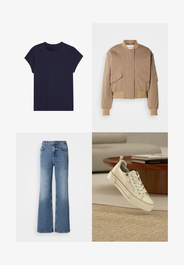 Beige bomber-takki, jossa resorit hihansuissa ja helmassa, kaksi etutaskua läpällä sekä sivussa vetoketjullinen tasku. Sileä, hieman kiiltävä kangas.; T-paita, jonka väri on laivastonsininen, valmistettu puuvillasta. Pyöreä kaulus ja lyhyet hihat, rento malli ja sileä pinta. Ei kuvioita tai koristeita.; Mos Mosh MAI - Straight leg -farkut - blue wash; Beigen värinen rento lenkkari, jossa nauhat ja sivuvetoketju, roikkuu teksturoidun maton yläpuolella, taustalla puupöytä ja kirjoja.