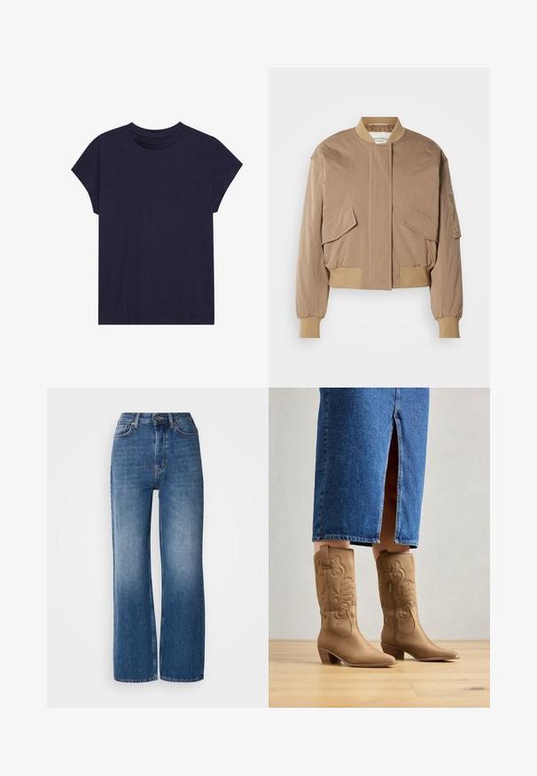 Beige Bomberjacke mit gerippten Bündchen und Saum, ausgestattet mit zwei vorderen Klappentaschen und einer seitlichen Reißverschlusstasche. Glattes, leicht glänzendes Gewebe.; Dunkelblaue Baumwoll-T-Shirt mit rundem Ausschnitt und kurzen Ärmeln, das einen lockeren Schnitt und eine glatte Textur bietet. Keine Muster oder Akzente.; Hochtaillierte, weit geschnittene blaue Denim-Jeans mit einem Farbverlauf, kupferfarbenen Nähten, einem Frontknopfverschluss und fünf Taschen.; Braune westernstil Stiefel mit dekorativer Stickerei, spitzer Zehenform und gestapeltem Absatz. Getragen mit einem knielangen Jeansrock, der die Stiefel zur Geltung bringt.