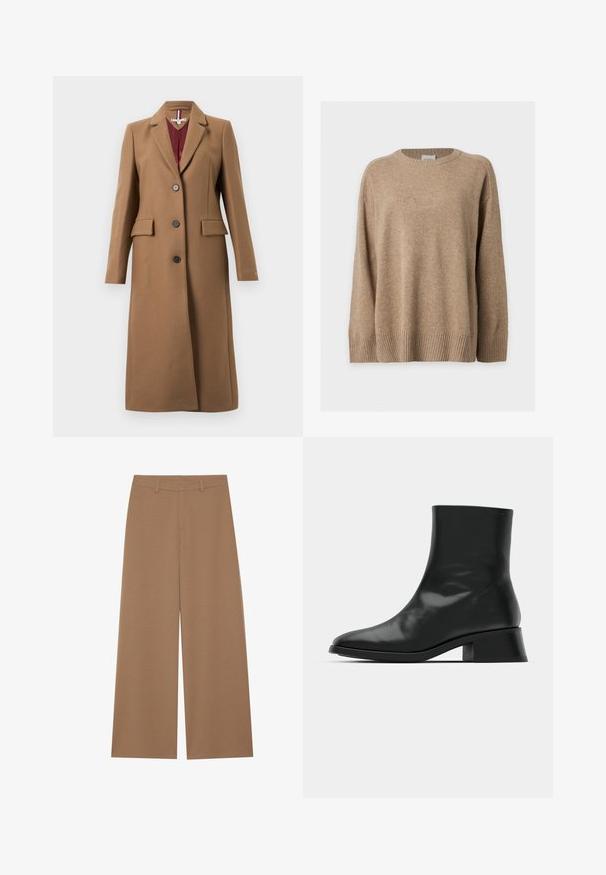 Brun uldblandingsoverfrakke med hakket revers, tre knapper, to forlommer og lange ærmer. Tekstureret stof med en glat inderforing.; Beige langærmet striktrøje med ribstrikkede manchetter, kant og rund hals, vist fladt på en hvid baggrund.; Vide benbukser i en ensfarvet brun farve, lavet af et tekstureret stof; har høj talje og struktureret design med bæltestropper.; Sort ankelstøvle lavet af blank læder, med et strømlinet design, spids tå og en moderat blokhælhøjde for stabilitet.