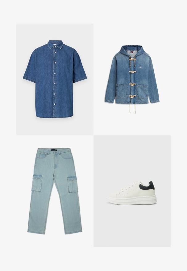 Chaqueta con capucha de mezclilla azul con cierres de botones tipo pasador, dos bolsillos delanteros de parche y pequeño logo rectangular de la marca en el pecho.; Camisa de mezclilla de manga corta en azul oscuro. Presenta un cierre de botones en la parte delantera, cuello clásico y detalles de costura a lo largo de los bordes.; Pantalones cargo de denim azul claro con piernas rectas, dos bolsillos laterales y un diseño clásico de cinco bolsillos. Cuenta con pasadores para cinturón y un cierre de botón.; Zapatilla de cuero blanco con un detalle negro en el talón, puntera redonda, suela blanca plana y cierre de cordones. Perforaciones mínimas en los laterales.