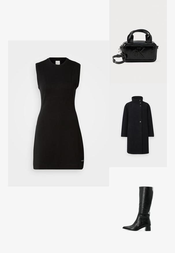 Sort uld frakke med høj krave, frontlukning med knapper og to påsatte lommer. Designet med en lige silhuet og lange ærmer.; Erm løse sorte Calvin Klein kjole med tætsiddende pasform, rund halsudskæring og diskret sømdetaljering på en hvid baggrund.; Sorte læder knæ-høje støvler med spids tå og tekstureret overflade. Har en firkantet blokhæl og et elegant, tætsiddende design.; Sorte patentlæder taske i rektangulær form, med to top-håndtag, aftagelig skulderrem og præget "CK" logo på forsiden.