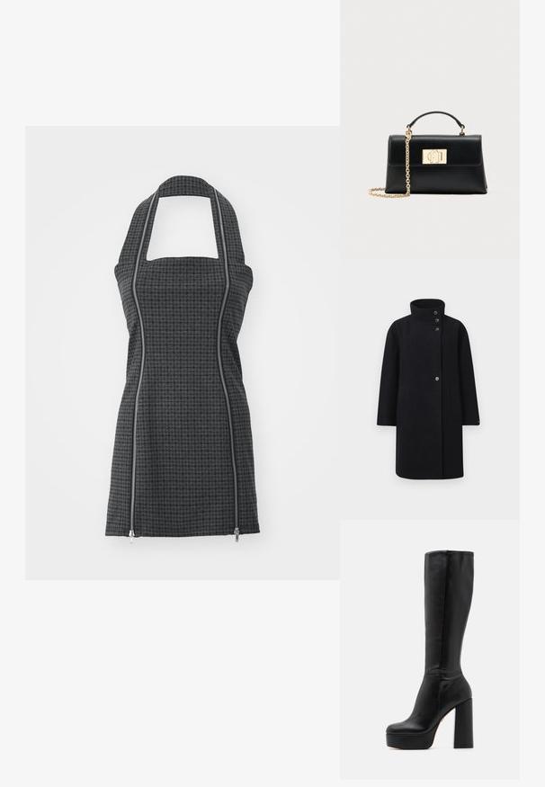 Sort uld frakke med høj krave, frontlukning med knapper og to påsatte lommer. Designet med en lige silhuet og lange ærmer.; Sort og grå mønstret forklæde med halterneck, firkantet udskæring, lynlåsdetaljer foran og en tætsiddende form. Fremstillet af tekstureret stof.; Sorte knæhøje støvler lavet af glat læder med en struktureret overflade, der har en høj blokhælkonstruktion og et rundt tådesign.; Sort læderhåndtaske med struktureret form, udstyret med en øverste hank og en guldtonet kæderem. Dekorative guldhardware med logodetalje.