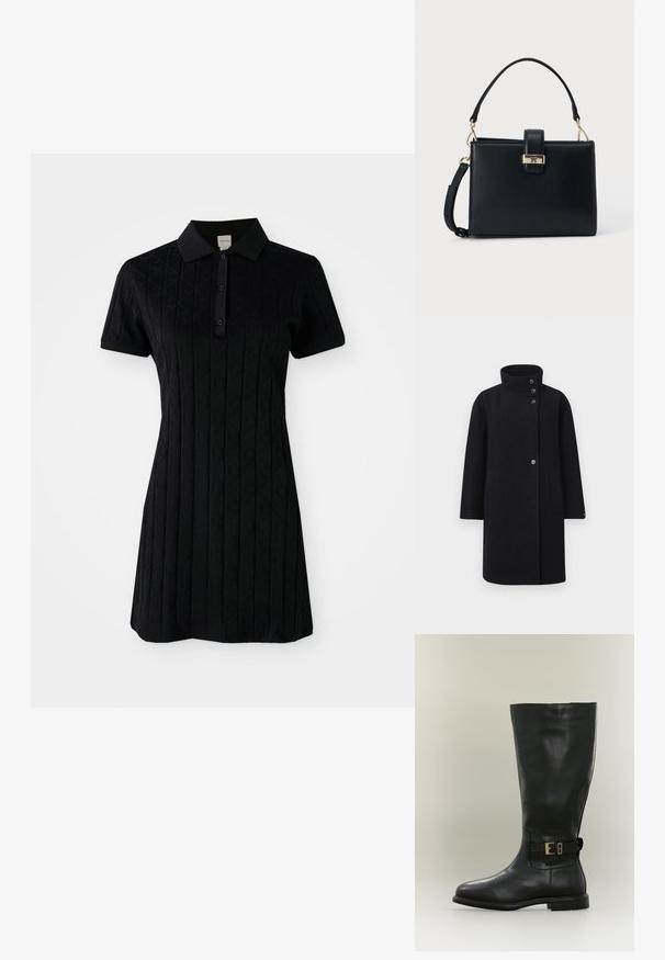 Schwarzer Wollmantel mit hohem Kragen, vorderem Knopfverschluss und zwei aufgesetzten Taschen. Entworfen mit einer geraden Silhouette und langen Ärmeln.; Schwarzes Polokleid mit kurzen Ärmeln, ausgestattet mit einem Kragen und einem strukturierten Muster aus Rauten und Kreisen. Knopfschluss am Hals.; Hoher schwarzer Lederstiefel mit niedrigem Absatz und seitlichem Riemen mit kleiner goldener Schnalle, dargestellt vor neutralem Hintergrund.; Schwarze rechteckige Handtasche mit Tragegriff oben und abnehmbarem Schulterriemen, mit einem goldfarbenen Verschluss mit Logodetail.
