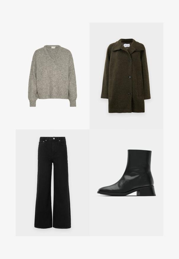 Manteau en laine vert foncé avec un col, fermeture à boutons, deux poches avant et une surface texturée. Présente une coupe décontractée et des manches longues.; Pull en maille gris clair avec un col en V, coupe décontractée, poignets et ourlet côtelés. Fabriqué à partir d'un tissu texturé avec une apparence douce.; Jean noir à jambes larges en denim ; doté d'une taille haute, de poches avant et d'une fermeture par bouton. Aucun motif ni ornement visible.; Bottine noire en cuir brillant, au design épuré, avec un bout pointu et un petit talon bloc pour plus de stabilité.