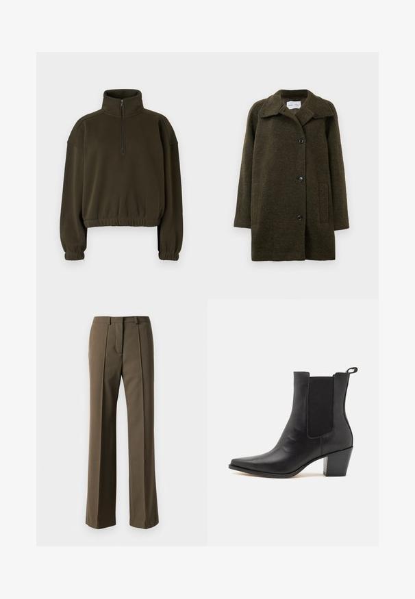 Tume roheline villane mantel, millel on krae, nööbikinnitus, kaks esist pocketit ja tekstureeritud pind. Omab lõdva lõikega ja pikki varrukaid.; Olive roheline lühike sweatshirt, mis on valmistatud pehmest kangast, kõrge krae, pooltõmblukuga kinnituse ja elastsete varruka- ja alumiste äärtega.; Pruunid kohandatud püksid otse lõikega, volditud ees ja klassikalise vöökohaga. Valmistatud siledast kangast, millel on peen viimistlus.; Dolce Vita SHADIE - Klassikalised poolsaapad - black
