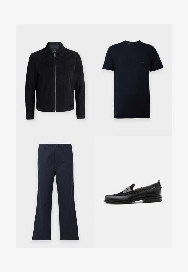 Schwarze Wildlederjacke mit Frontreißverschluss, langen Ärmeln, Seitentaschen und klassischem Kragen auf schlichtem weißen Hintergrund.; Schwarzes T-Shirt mit kurzen Ärmeln und Rundhalsausschnitt, mit subtiler Textur und kleinem "BOSS"-Logo auf der linken Brust.; Marineblaue, schmal geschnittene Hose aus glattem Material. Mit einem elastischen Bund und seitlichen Taschen. Klare Linien und minimalistisches Design.; Schwarzer Lederloafer mit grauem Riemendetail, niedrigem Absatz und strukturierter Sohle, seitlich mit „HUGO“ in Gold gebrandmarkt.
