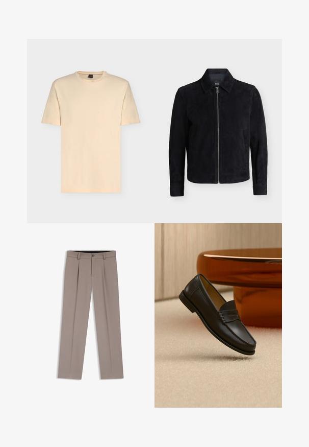 Veste en daim noire avec fermeture éclair devant, manches longues, poches latérales et col classique, présentée sur un fond blanc uni.; T-shirt beige clair à manches courtes avec col rond et logo discret "BOSS" centré sur la poitrine.; Pantalon homme sur mesure de couleur marron clair avec passants de ceinture, plis, bouton à l'avant et braguette zippée, posé à plat sur un fond blanc.; Chaussure mocassin en cuir noir suspendue au-dessus d’un tapis beige avec du mobilier moderne couleur ambre en arrière-plan.