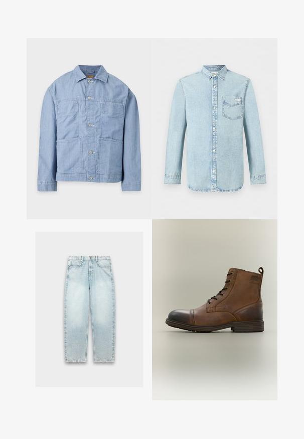 Lyseblå denimjakke med krave, lange ærmer, knaplukning foran og to store forlommer.; Lyseblå denim-skjorte med lange ærmer, knaplukning foran, enkelt brystlomme med Calvin Klein-logo og spids krave.; Lyseblå denimjeans med løs pasform, lige ben, falmet tekstur, fem-lomme design og metalknaplukning i taljen.; Brun læderstøvle med snørebånd, sort tåhætte, rund sål og mærket detalje på siden mod ensfarvet baggrund.