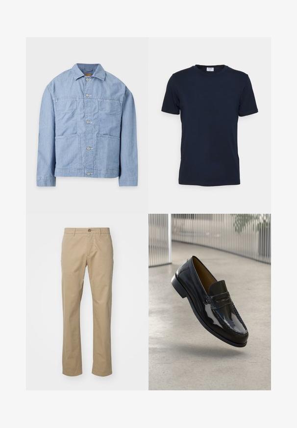 Lyseblå denimjakke med krave, lange ærmer, knaplukning foran og to store forlommer.; Marineblå crew-neck t-shirt lavet af blødt stof. Korte ærmer med en klassisk pasform, der har et mærke ved halsen. Glat tekstur, minimalistisk design.; Beige chinos med lige ben design, lavet af bomuldsstof, med en enkelt frontknap og standard talje med bæltesløjfer.; Sorte patentlæder loafer med en syet detalje, rund tå, lav hæl og glat overflade, præsenteret mod en neutral baggrund.