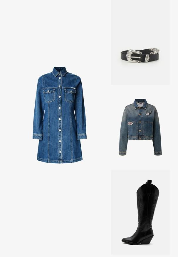 Denimjack met een cropped ontwerp, lichtblauwe wassingen, bruine knopen en geborduurde patches met logo's en vleugelmotieven aan de voorkant.; Jeanshemdjurk, lange mouwen, knoopsluiting aan de voorkant, twee borstzakken, klassieke kraag, medium blauwe kleur en lichte stikseldetails.; Zwarte leren cowboylaars met puntige neus, schuine blokhak, decoratieve stiksels en aantreklusjes bovenaan tegen een witte achtergrond.; Zwarte leren riem met een grote zilveren metalen gesp met ingewikkelde details en decoratieve accenten aan beide uiteinden.