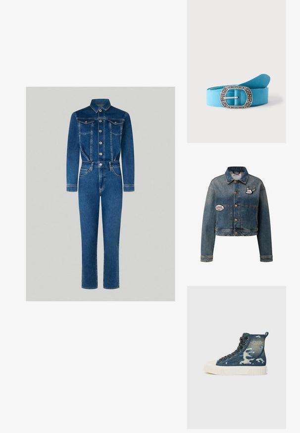 Džínsová bunda s krátkym strihom, svetlomodrý prehoz, hnedé gombíky a vyšívané nášivky s logami a motívmi krídel na prednej strane.; Denim overal s dlhými rukávmi, gombíkovým zapínaním na prednej strane, dvoma náprsníkovými vreckami, priliehavým pásom a rovnými nohavicami v strednom modrom vyblednutí.; Klasické tenisky s vysokým strihom vyrobené z modrého denimu so zaoblenými vzormi, s čiernymi šnúrkami, textúrovanou bielou gumovou podrážkou a uzlíkom na zadnej strane.; Zrolovaný tyrkysový opasok z semišu s obdĺžnikovou striebornou prackou zdobenou tyrkysovými a bielymi korálkami na bielom pozadí.
