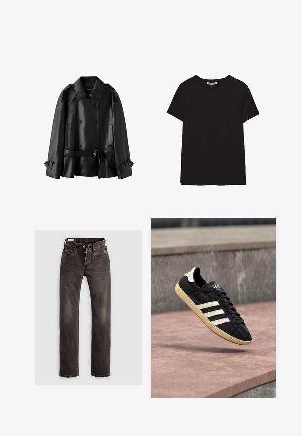 Schwarze, zweireihige Lederjacke mit weitem Kragen, geknöpften Schulterriemen, Gürtel in der Taille und geknöpften Manschetten an den langen Ärmeln.; Schwarzes, kurzärmliges Baumwoll-T-Shirt mit rundem Halsausschnitt, Standardpassform und sichtbarem innerem Nackenetikett.; Dunkelgraue gerade Jeans aus Denim, mit Knopfverschluss, Fünf-Taschen-Design und dezenten ausgewaschenen Details auf dem Stoff.; Schwarzer Adidas-Sneaker mit weißen Streifen und beiger Sohle, in der Luft über einer steinernen Oberfläche und mit Steinwand im Hintergrund aufgenommen.