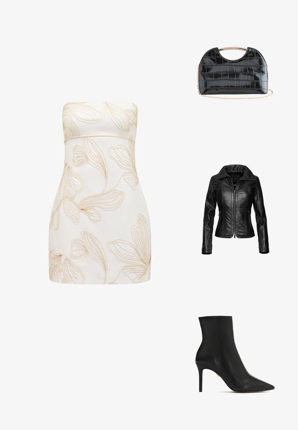Sort læderjakke med lynlåse foran, spidse kraver og to sidelommer med lynlås. Har stikninger og en tætsiddende pasform.; Strapless kjole i creme med præget blomsterdesign i lys beige. Tætsiddende design, glat tekstur, knælængde klip, og ingen synlige lukninger.; Sort læder ankelstøvle med spids tå, høj stilletto hæl og en glat overflade. Sømdetaljer løber langs bagsiden.; Sort blank krokodillemønstret håndtaske med gyldent bøjet håndtag og aftagelig gylden kæderem på hvid baggrund.