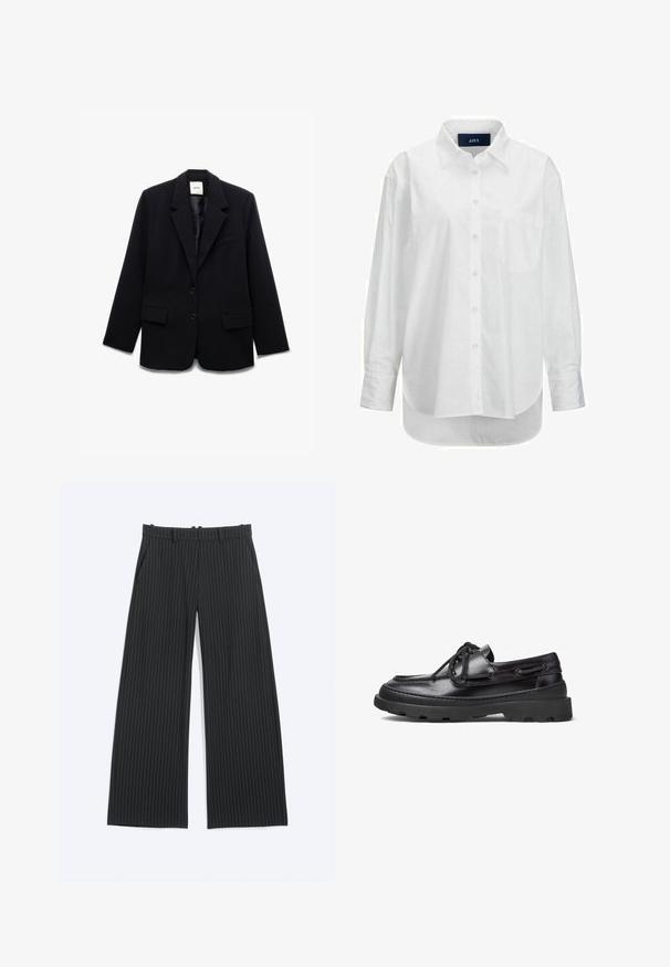 Zwarte blazer met een getailleerd ontwerp, enkele knoopsluiting, twee voorzakken, notch lapel en een zachte binnenvoering.; Witte lange mouwen shirt van glad katoen met een button-down kraag, voorzak en ronde zoom. Heeft een achterpand voor extra structuur.; Zwarte broek met wijde pijpen en dunne witte krijtstrepen, met riemlussen, voorzakken en een onzichtbare voorsluiting.; Zwarte leren bootsschoenen met een ronde neus, vetersluiting, gestikte accenten en een chunky rubberen zool met een gestructureerd grippatroon.