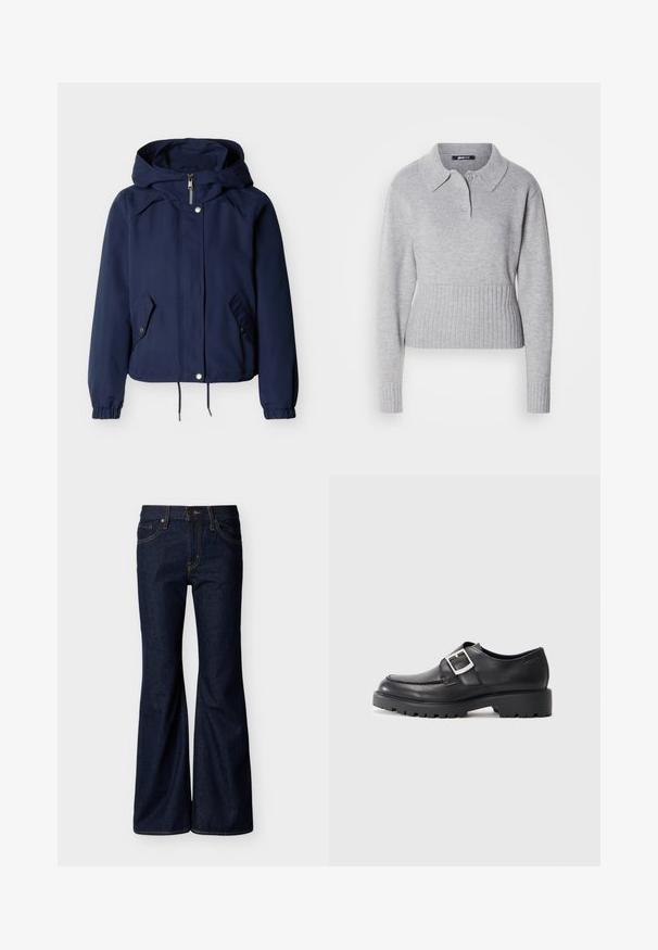 Chaqueta con capucha azul marino con cremallera frontal, botones de presión, dos bolsillos con solapa en ángulo, puños elásticos y dobladillo ajustable con cordón.; Suéter gris de punto con un cuello tipo camisa, tres botones y dobladillo acanalado. Presenta mangas largas y una textura suave.; Vaqueros de mezclilla azul oscuro con piernas acampanadas, cierre frontal de botones y cremallera, y diseño de cinco bolsillos con costuras en contraste.; Zapatos de cuero negro con puntera redonda, que presentan un detalle de hebilla lateral y una suela gruesa y resistente. Textura suave con costuras mínimas.